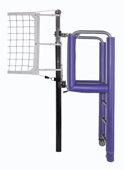 United 3-1/2" PIN-STOP Hybrid Carbon Fiber / Aluminum Volleyball System - Shown with optional Aluminum Clamp On official's stand with Tubular padding.
